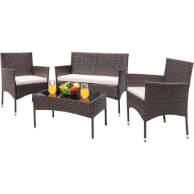 Patio Furniture 4 Pieces Conversation Sets, Outdoor Wicker Rattan Chairs, Garden Loveseat with Soft Cushion and Glass Table