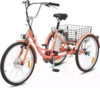 Electric Tricycle for Adults,with Basket, 36V Removable Battery, 250W Brushless Motor, 3 Wheel Electric Bicycle Adults (Color: 26 Pink)