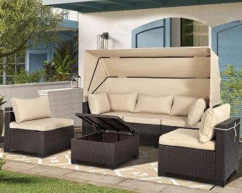 Rattan Furniture Daybed with Canopy 7 Pieces Outdoor Day Bed Wicker Sectional Sofa Set (Color: 6 Pieces Khaki)