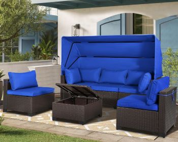 Rattan Furniture Daybed with Canopy 7 Pieces Outdoor Day Bed Wicker Sectional Sofa Set (Color: 6 Pieces Blue)