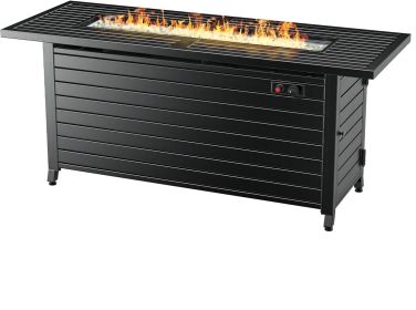 57" Propane Fire Pit Table, 50,000BTU Outdoor Gas Fire Pit, 2 in 1 Rectangular Firepit Tabletop w/ Lid, Wind Guard, Glass Beads, Aluminum (Color: Black, Material: Aluminum)