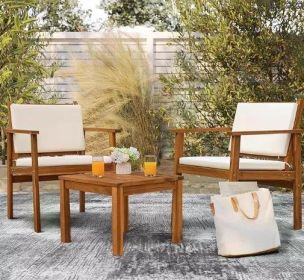 Patio Furniture 4 Piece Outdoor Acacia Wood Patio Conversation Sofa Set with Table and Cushion Porch Furniture Sets (Color: Natural-3)