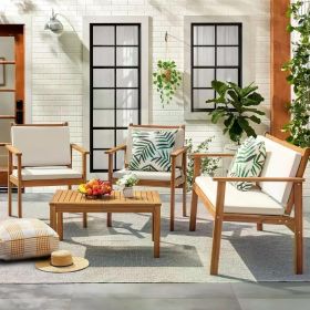 Patio Furniture 4 Piece Outdoor Acacia Wood Patio Conversation Sofa Set with Table and Cushion Porch Furniture Sets (Color: Natural-4)