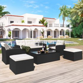 6-piece All-Weather Wicker PE rattan Patio Outdoor Dining Conversation Sectional Set with coffee table, wicker sofas, ottomans, removable cushions (Color: Beige)