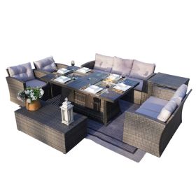 Direct Wicker Outdoor Patio Furniture Set with Rectangular Fire Pit Table in Elegant Brown or Chic Gray (Color: GRAY)