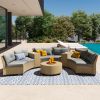 [VIDEO provided] 6 - Person Fan-shaped Rattan Suit Combination with Cushions and Table,Suitable for Garden